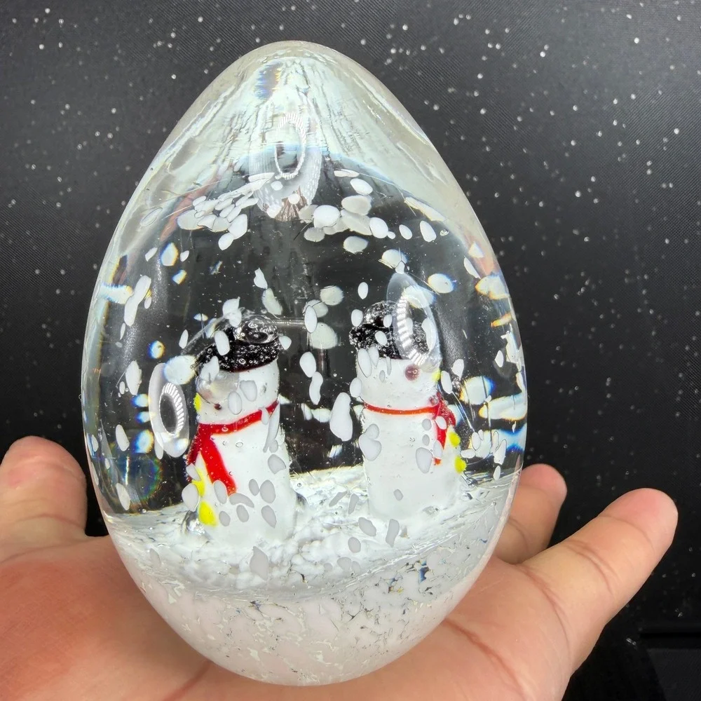 Heavy Glass Snowman Egg Paperweight Winter Snow Scene 4 inch Holiday Decor